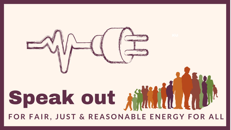 photo of a plug and a saying: "Speak out for fair, just, and reasonable rates for all"